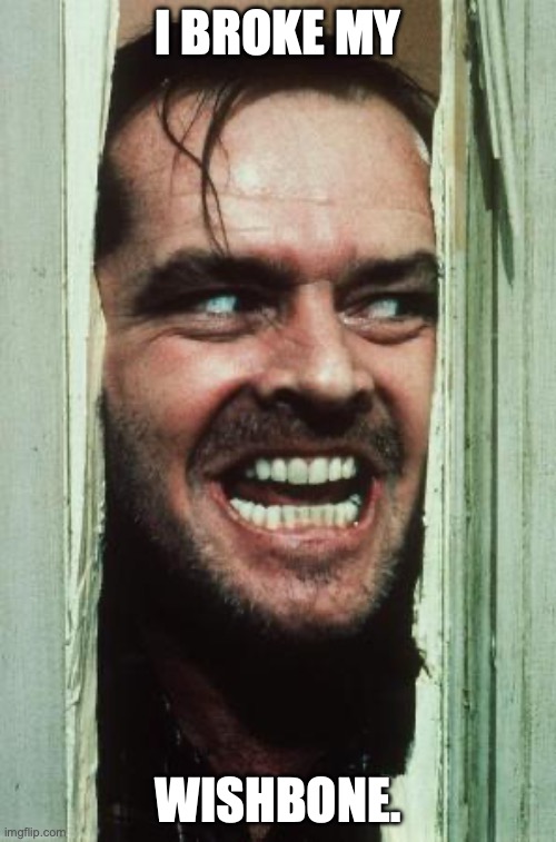 Here's Johnny Meme | I BROKE MY; WISHBONE. | image tagged in memes,here's johnny | made w/ Imgflip meme maker