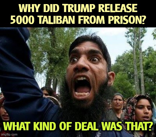 2020. Look it up. | WHY DID TRUMP RELEASE 5000 TALIBAN FROM PRISON? WHAT KIND OF DEAL WAS THAT? | image tagged in angry muslim,trump,taliban,afghanistan,prison,deal | made w/ Imgflip meme maker