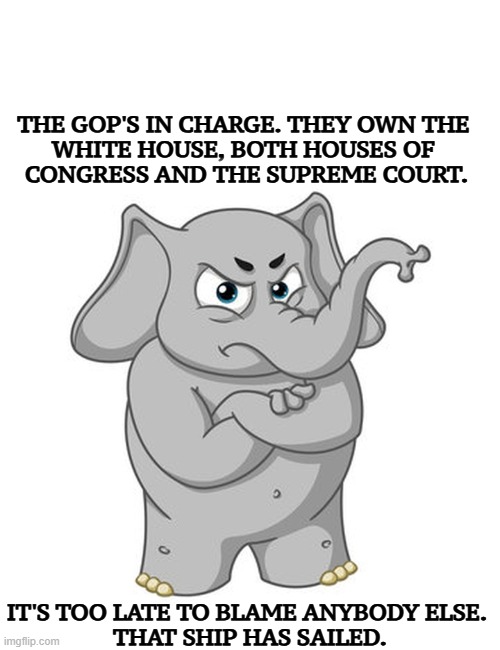 THE GOP'S IN CHARGE. THEY OWN THE 
WHITE HOUSE, BOTH HOUSES OF 
CONGRESS AND THE SUPREME COURT. IT'S TOO LATE TO BLAME ANYBODY ELSE. 
THAT SHIP HAS SAILED. | image tagged in republicans,trump,white house,congress,supreme court,responsibility | made w/ Imgflip meme maker