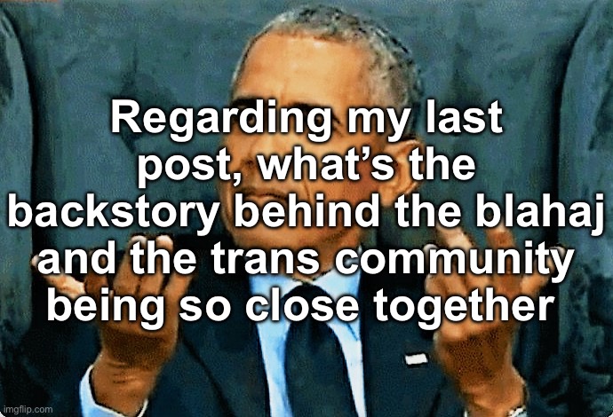 Obama so what! | Regarding my last post, what’s the backstory behind the blahaj and the trans community being so close together | image tagged in obama so what | made w/ Imgflip meme maker