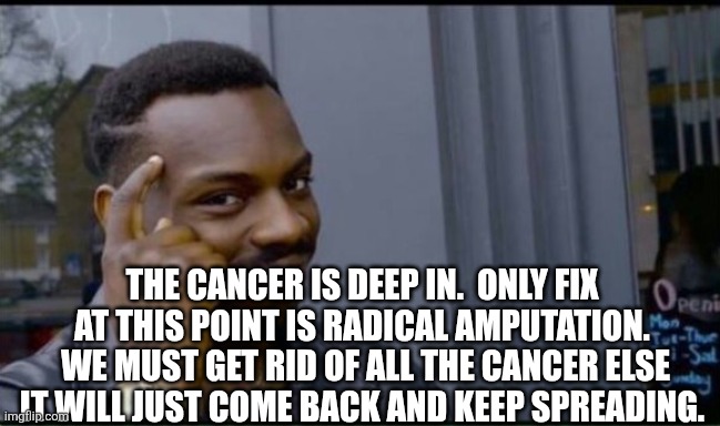 Thinking Black Man | THE CANCER IS DEEP IN.  ONLY FIX AT THIS POINT IS RADICAL AMPUTATION.  WE MUST GET RID OF ALL THE CANCER ELSE IT WILL JUST COME BACK AND KEE | image tagged in thinking black man | made w/ Imgflip meme maker