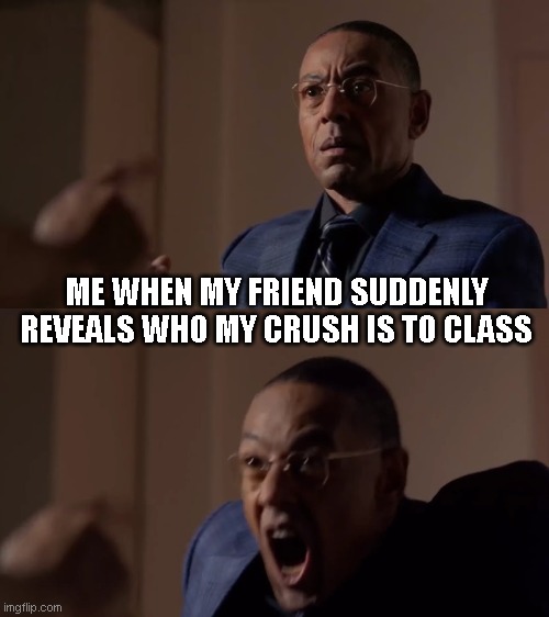 meme crush | ME WHEN MY FRIEND SUDDENLY REVEALS WHO MY CRUSH IS TO CLASS | image tagged in crush,when your crush | made w/ Imgflip meme maker