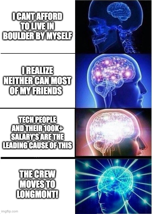 sociological imagination | I CANT AFFORD TO LIVE IN BOULDER BY MYSELF; I REALIZE NEITHER CAN MOST OF MY FRIENDS; TECH PEOPLE AND THEIR 100K+ SALARY'S ARE THE LEADING CAUSE OF THIS; THE CREW MOVES TO LONGMONT! | image tagged in memes,expanding brain | made w/ Imgflip meme maker