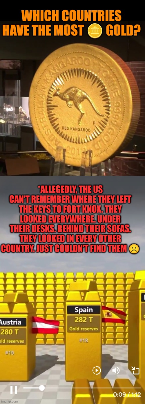 Gold Reserves | WHICH COUNTRIES HAVE THE MOST 🪙 GOLD? *ALLEGEDLY, THE US CAN'T REMEMBER WHERE THEY LEFT THE KEYS TO FORT KNOX. THEY LOOKED EVERYWHERE. UNDER THEIR DESKS. BEHIND THEIR SOFAS. THEY LOOKED IN EVERY OTHER COUNTRY. JUST COULDN'T FIND THEM ☹️ | image tagged in aussie gold,global gold reserves,gold,mine,usa | made w/ Imgflip meme maker