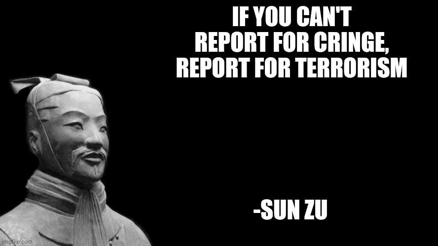 Sun Tzu | IF YOU CAN'T REPORT FOR CRINGE, REPORT FOR TERRORISM; -SUN ZU | image tagged in sun tzu | made w/ Imgflip meme maker