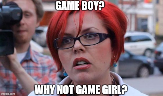 Angry Feminist | GAME BOY? WHY NOT GAME GIRL? | image tagged in angry feminist | made w/ Imgflip meme maker