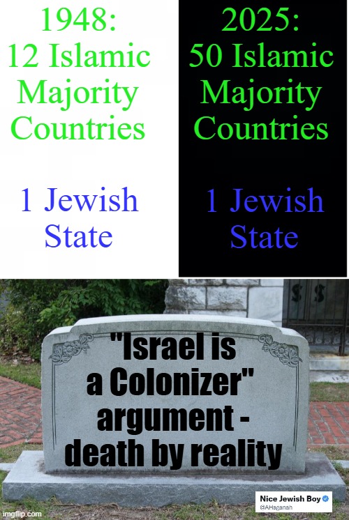 "colonizer" argument never had a pulse | 1948:
12 Islamic Majority Countries; 2025:
50 Islamic Majority Countries; 1 Jewish State; 1 Jewish State; "Israel is a Colonizer" 
argument - death by reality | image tagged in israel,islam | made w/ Imgflip meme maker