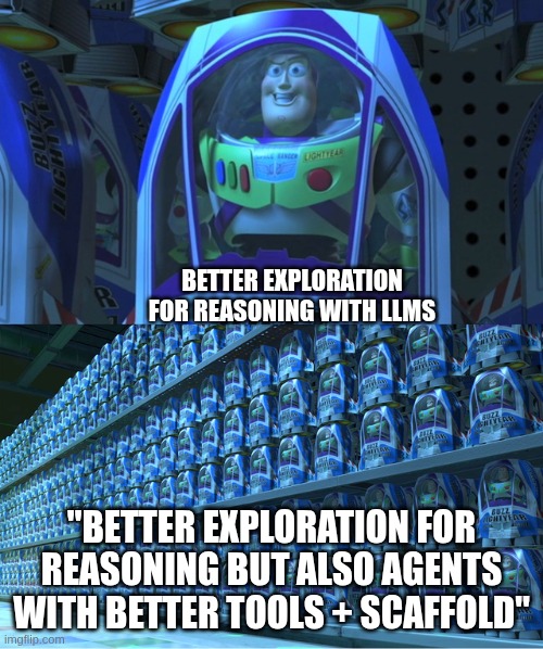 Buzz lightyear clones | BETTER EXPLORATION FOR REASONING WITH LLMS; "BETTER EXPLORATION FOR REASONING BUT ALSO AGENTS WITH BETTER TOOLS + SCAFFOLD" | image tagged in buzz lightyear clones | made w/ Imgflip meme maker
