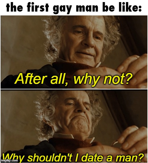 welp it's a slippery slope | the first gay man be like:; After all, why not? Why shouldn't I date a man? | image tagged in bilbo - why shouldn t i keep it,gay,why,after all why not | made w/ Imgflip meme maker
