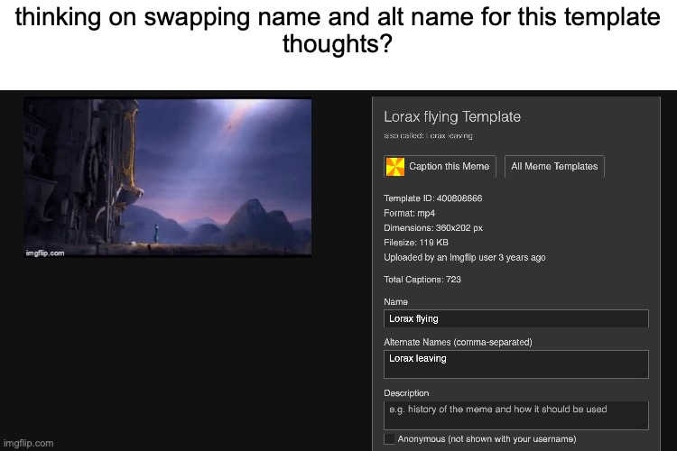 thinking on swapping name and alt name for this template
thoughts? | made w/ Imgflip meme maker