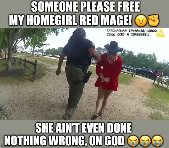 Tfw Garland actually decides to press charges | SOMEONE PLEASE FREE MY HOMEGIRL RED MAGE! 😠✊; SHE AIN’T EVEN DONE NOTHING WRONG, ON GOD 😭😭😭 | image tagged in final fantasy,ff1,jrpg,turn based rpg,arrest,gaming | made w/ Imgflip meme maker