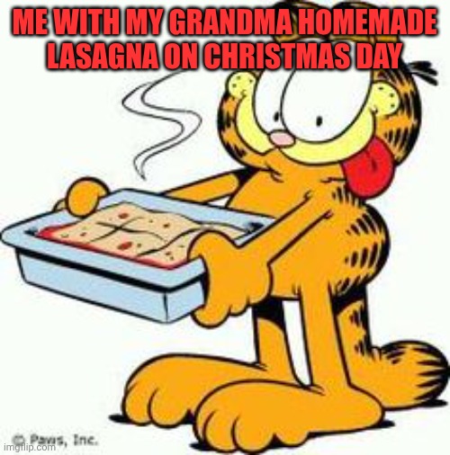 Garfield Lasagna | ME WITH MY GRANDMA HOMEMADE LASAGNA ON CHRISTMAS DAY | image tagged in garfield lasagna | made w/ Imgflip meme maker