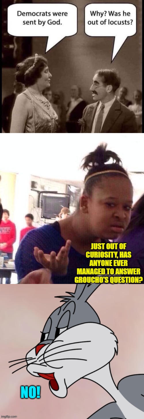 I thought not. | JUST OUT OF CURIOSITY, HAS ANYONE EVER MANAGED TO ANSWER GROUCHO'S QUESTION? NO! | image tagged in black girl wat | made w/ Imgflip meme maker