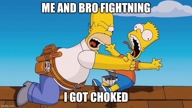 i liked the felling to be real | ME AND BRO FIGHTNING; I GOT CHOKED | image tagged in homer choking bart | made w/ Imgflip meme maker