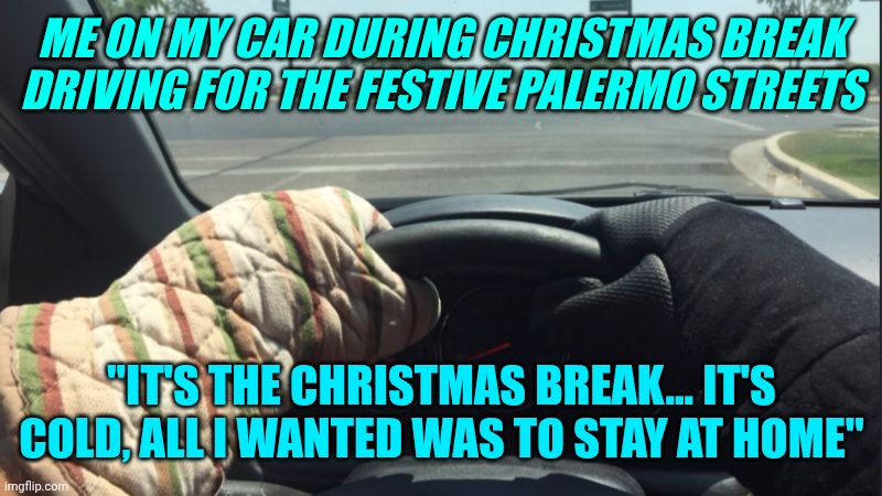 oven mitts hot steering wheel | ME ON MY CAR DURING CHRISTMAS BREAK DRIVING FOR THE FESTIVE PALERMO STREETS; "IT'S THE CHRISTMAS BREAK... IT'S COLD, ALL I WANTED WAS TO STAY AT HOME" | image tagged in oven mitts hot steering wheel | made w/ Imgflip meme maker