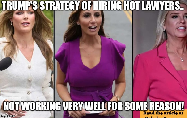 Hot chicks not working well | TRUMP'S STRATEGY OF HIRING HOT LAWYERS.. NOT WORKING VERY WELL FOR SOME REASON! | image tagged in donald trump,trump,maga,nevertrump,jeffrey epstein,epstein | made w/ Imgflip meme maker