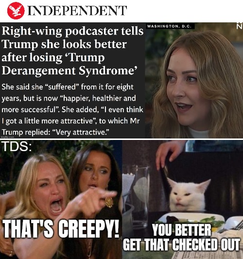 The serious Independent made a short article for that response only. TDS is a flavorful Dem state sponsored religion | image tagged in trump derangement syndrome,funny,woman yelling at cat,american politics | made w/ Imgflip meme maker