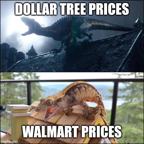 Walmart Prices are crazy | DOLLAR TREE PRICES; WALMART PRICES | image tagged in jurassic world expectation vs reality,relatable,jpfan102504 | made w/ Imgflip meme maker