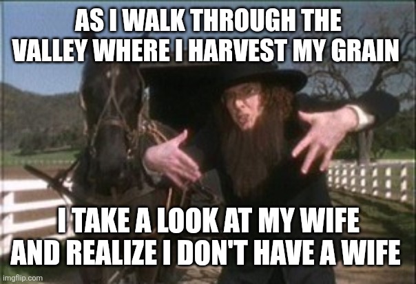 Weird Al Amish | AS I WALK THROUGH THE VALLEY WHERE I HARVEST MY GRAIN; I TAKE A LOOK AT MY WIFE AND REALIZE I DON'T HAVE A WIFE | image tagged in weird al amish | made w/ Imgflip meme maker