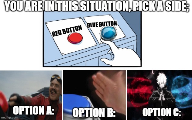 You are in this situation, pick a side; | YOU ARE IN THIS SITUATION, PICK A SIDE;; BLUE BUTTON; RED BUTTON; OPTION A:; OPTION B:; OPTION C: | image tagged in white screen | made w/ Imgflip meme maker
