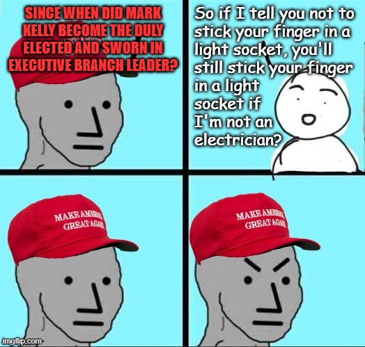 Vacuous arguments coming outta the Trump-cult over the UCMJ. | So if I tell you not to
stick your finger in a
light socket, you'll
still stick your finger
in a light 
socket if
I'm not an
electrician? SINCE WHEN DID MARK KELLY BECOME THE DULY ELECTED AND SWORN IN EXECUTIVE BRANCH LEADER? | image tagged in maga npc an an0nym0us template,lol,do you are have stupid,duty to disobey | made w/ Imgflip meme maker