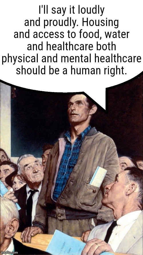 Human rights should extent to acceptable quality of life standards at minimum. | I'll say it loudly and proudly. Housing and access to food, water and healthcare both physical and mental healthcare should be a human right. | image tagged in unpopular opinion guy,memes,human rights | made w/ Imgflip meme maker