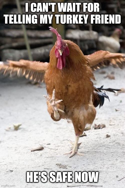 friday eve chicken | I CAN'T WAIT FOR TELLING MY TURKEY FRIEND; HE'S SAFE NOW | image tagged in friday eve chicken | made w/ Imgflip meme maker