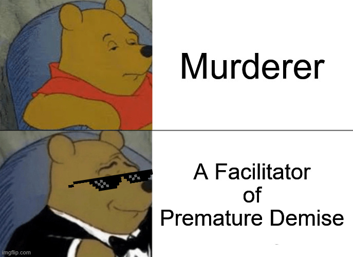 The @@@ meme | Murderer; A Facilitator of Premature Demise | image tagged in memes,meme,fun,nsfw,tuxedo winnie the pooh | made w/ Imgflip meme maker