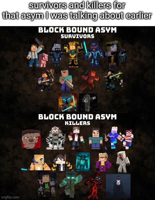 There's some more survivors and killers and this is a bit outdated but like j | survivors and killers for that asym I was talking about earlier | made w/ Imgflip meme maker