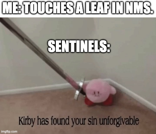 Kirby has found your sin unforgivable | ME: TOUCHES A LEAF IN NMS. SENTINELS: | image tagged in kirby has found your sin unforgivable,no mans sky,nms,funny | made w/ Imgflip meme maker