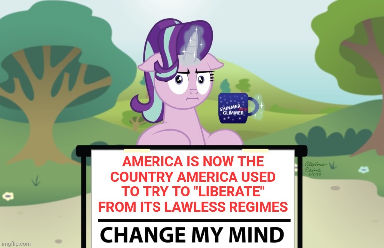 Lawless America | AMERICA IS NOW THE COUNTRY AMERICA USED TO TRY TO "LIBERATE" FROM ITS LAWLESS REGIMES | image tagged in change my mind starlight | made w/ Imgflip meme maker