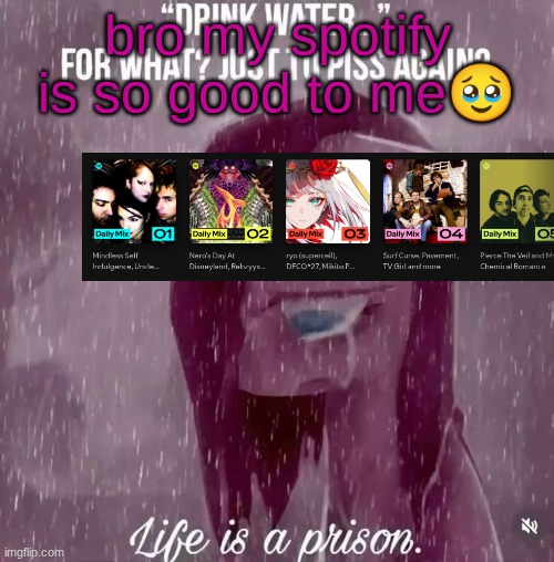 drink water... for what? just to piss again? life is a prison | bro my spotify is so good to me🥹 | image tagged in drink water for what just to piss again life is a prison | made w/ Imgflip meme maker