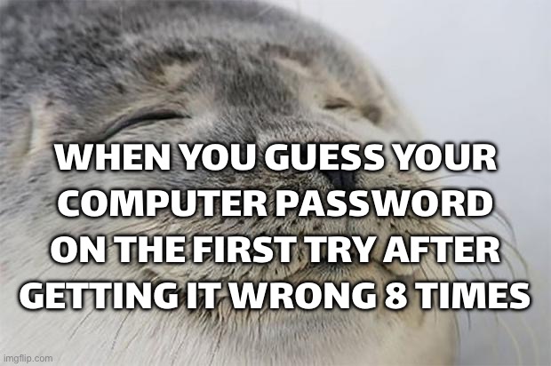 WHEN YOU GUESS YOUR COMPUTER PASSWORD ON THE FIRST TRY AFTER GETTING IT WRONG 8 TIMES | WHEN YOU GUESS YOUR COMPUTER PASSWORD ON THE FIRST TRY AFTER GETTING IT WRONG 8 TIMES | image tagged in memes,satisfied seal,password,password strength,internet,computer | made w/ Imgflip meme maker