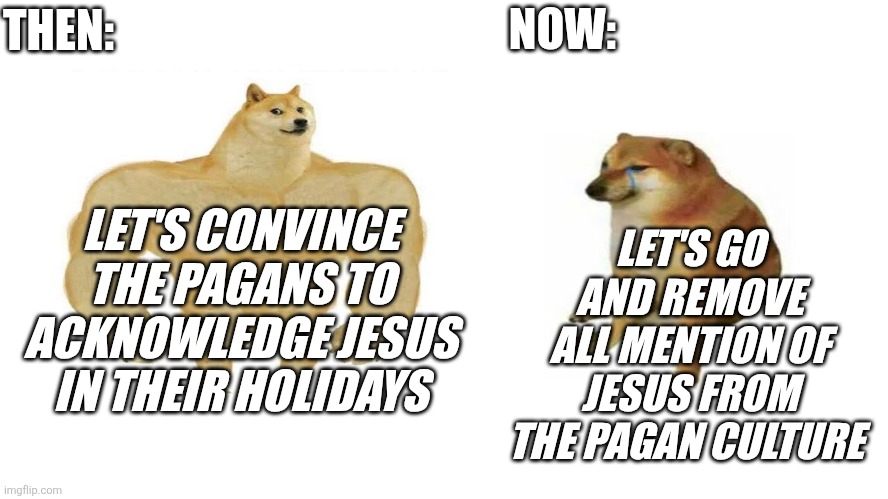 dog then now | THEN:; NOW:; LET'S GO AND REMOVE ALL MENTION OF JESUS FROM THE PAGAN CULTURE; LET'S CONVINCE THE PAGANS TO ACKNOWLEDGE JESUS IN THEIR HOLIDAYS | image tagged in dog then now | made w/ Imgflip meme maker