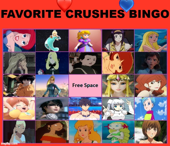 favorite crushes bingo | image tagged in favorite crushes bingo,bingo,video games,animation,anime,love is love | made w/ Imgflip meme maker