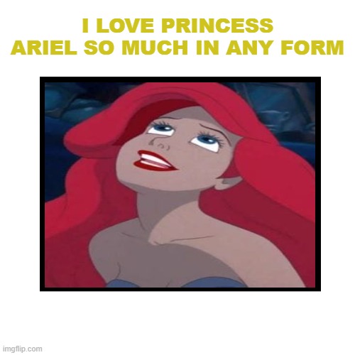 i love princess ariel so much | I LOVE PRINCESS ARIEL SO MUCH IN ANY FORM | image tagged in i love who no matter what anybody says,i love you this much,the little mermaid,cartoons,princess ariel,fairy tales | made w/ Imgflip meme maker