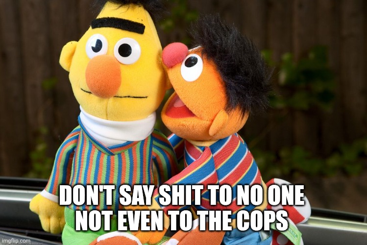 sesame street whisper | DON'T SAY SHIT TO NO ONE 
NOT EVEN TO THE COPS | image tagged in sesame street whisper | made w/ Imgflip meme maker