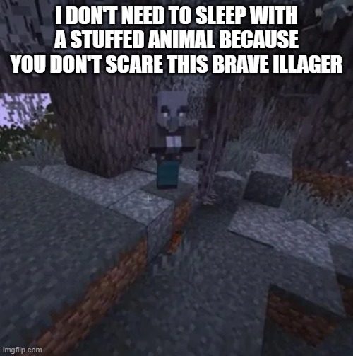 Vindicator Running Away From Creaking | I DON'T NEED TO SLEEP WITH A STUFFED ANIMAL BECAUSE YOU DON'T SCARE THIS BRAVE ILLAGER | image tagged in vindicator running away from creaking | made w/ Imgflip meme maker