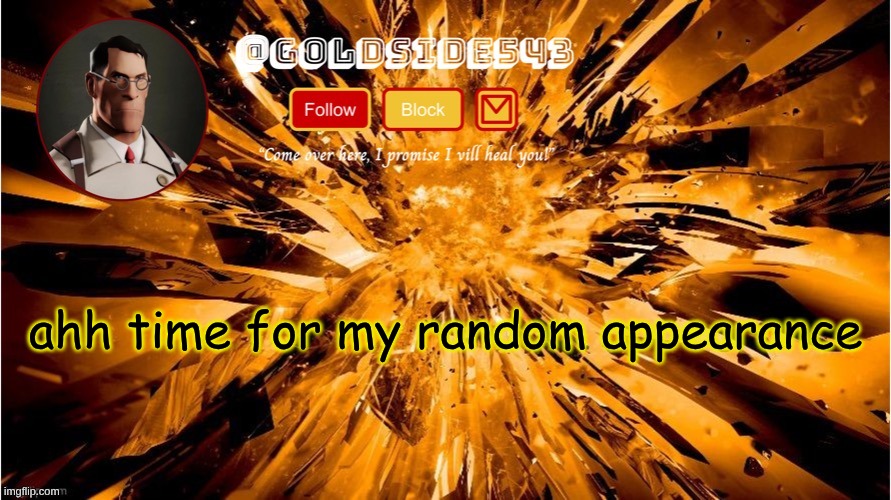 hello chat | ahh time for my random appearance | image tagged in gold's announcement template | made w/ Imgflip meme maker