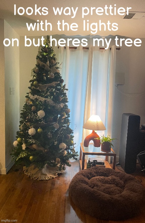 looks way prettier with the lights on but heres my tree | made w/ Imgflip meme maker