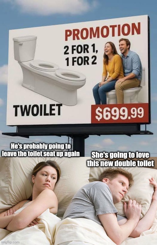 Doo doo for two | He's probably going to leave the toilet seat up again; She's going to love this new double toilet | image tagged in he's probably thinking about girls,couples,double,toilet,funny memes | made w/ Imgflip meme maker