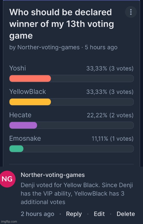 https://strawpoll.com/2ayLQamxen4 Newcomer YellowBlack is still in a strong lead but all-time champion Yoshi is catching up | image tagged in voting game s13 | made w/ Imgflip meme maker