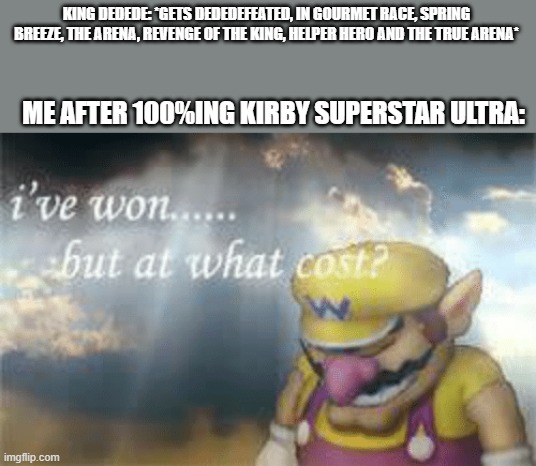 well I beat the game...now what? | KING DEDEDE: *GETS DEDEDEFEATED, IN GOURMET RACE, SPRING BREEZE, THE ARENA, REVENGE OF THE KING, HELPER HERO AND THE TRUE ARENA*; ME AFTER 100%ING KIRBY SUPERSTAR ULTRA: | image tagged in i've won but at what cost,depression,wario,kirby,king dedede,video games | made w/ Imgflip meme maker