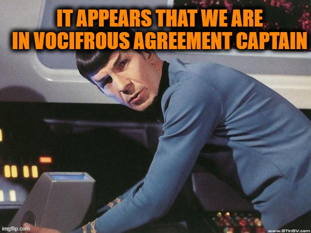 When you LOUDLY agree and it takes a few minutes to figure it out. | IT APPEARS THAT WE ARE IN VOCIFROUS AGREEMENT CAPTAIN | image tagged in spock | made w/ Imgflip meme maker