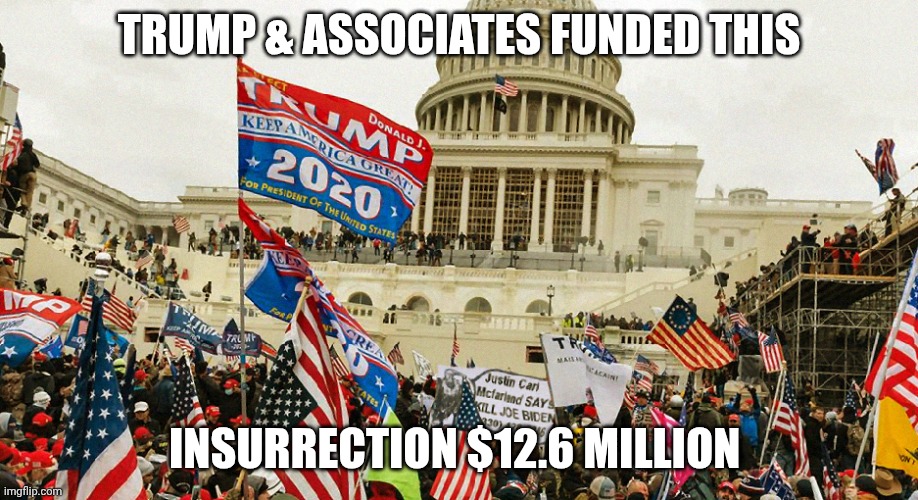 Pay for play and pardons too? | TRUMP & ASSOCIATES FUNDED THIS; INSURRECTION $12.6 MILLION | image tagged in the january 6th insurrection,donald trump,hanging,election 2020,rebellion | made w/ Imgflip meme maker