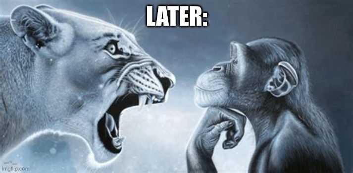 tiger yell at pondering monkey | LATER: | image tagged in tiger yell at pondering monkey | made w/ Imgflip meme maker