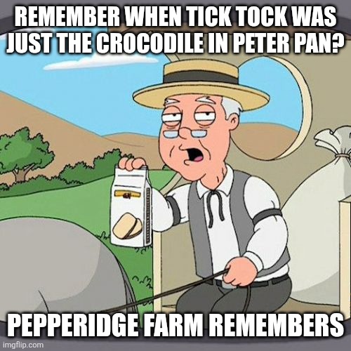 Creative Image Title | REMEMBER WHEN TICK TOCK WAS JUST THE CROCODILE IN PETER PAN? PEPPERIDGE FARM REMEMBERS | image tagged in memes,pepperidge farm remembers,peter pan,tiktok | made w/ Imgflip meme maker