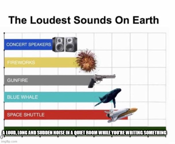 Fire alarms, alarms, a passing siren, any other noise thinkable that fits this | A LOUD, LONG AND SUDDEN NOISE IN A QUIET ROOM WHILE YOU'RE WRITING SOMETHING | image tagged in the loudest sounds on earth | made w/ Imgflip meme maker
