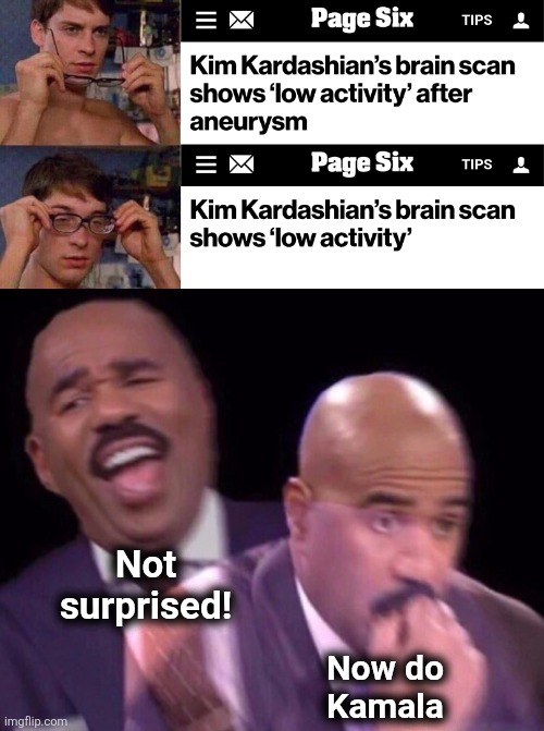 Not
surprised! Now do
Kamala | image tagged in spiderman glasses,steve harvey laughing serious,memes,kim kardashian,kamala harris,brain scan | made w/ Imgflip meme maker