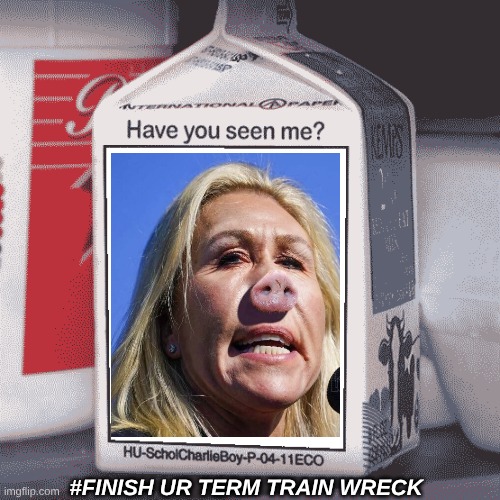 marjorie taylor greene meme | #FINISH UR TERM TRAIN WRECK | image tagged in missing person,memes,politics,maga,mtg,funny memes | made w/ Imgflip meme maker